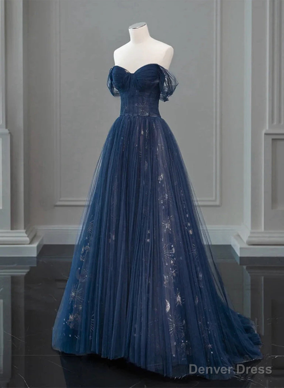 Navy Blue Sweetheart Off Shoulder Tulle Prom Dress, A Line Tulle Prom Dresses Main image