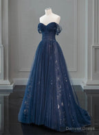 Navy Blue Sweetheart Off Shoulder Tulle Prom Dress, A Line Tulle Prom Dresses