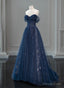 Navy Blue Sweetheart Off Shoulder Tulle Prom Dress, A Line Tulle Prom Dresses