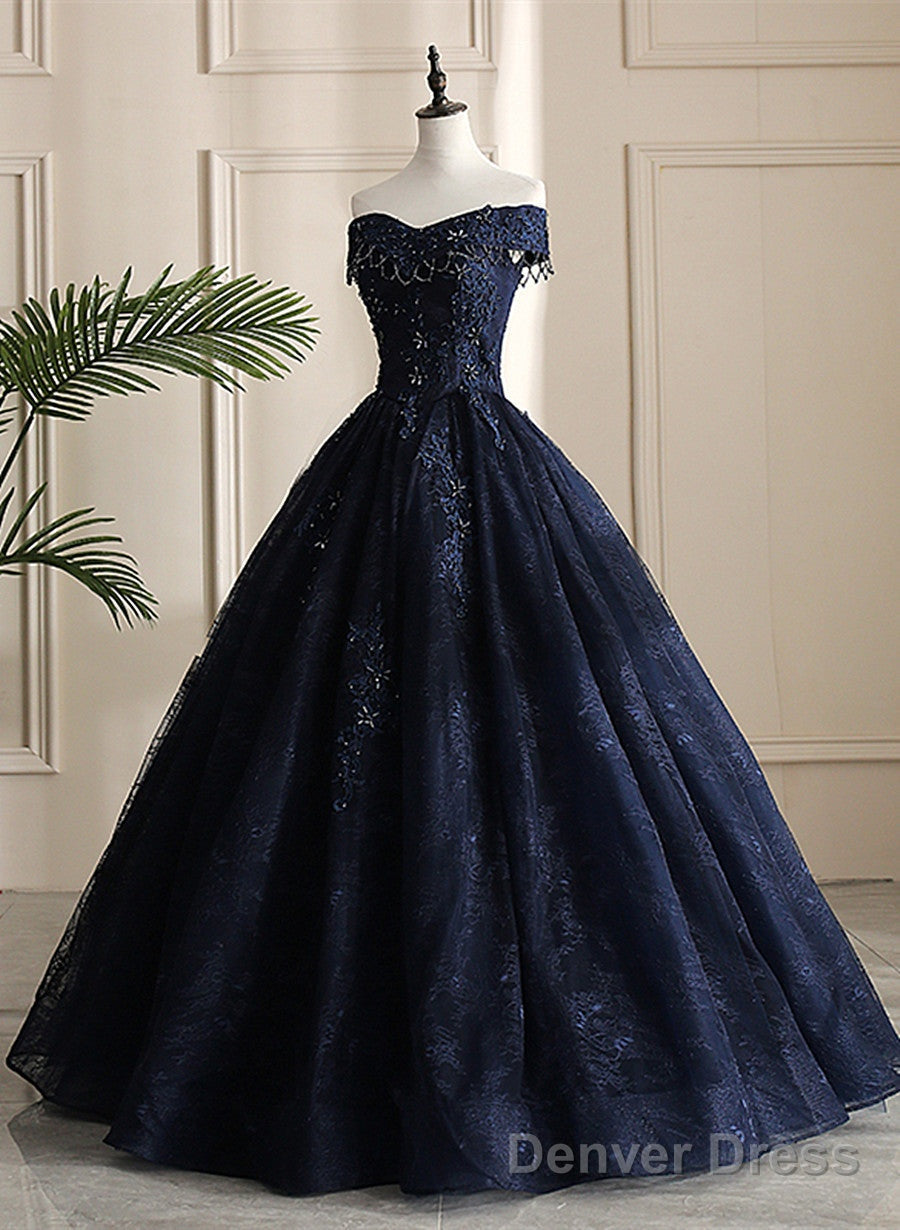 Navy Blue Sweetheart With Lace Applique Sweet 16 Dress, Blue Long Formal Dress