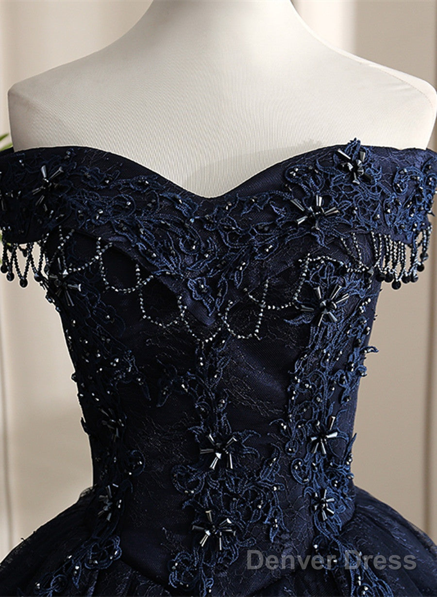 Navy Blue Sweetheart With Lace Applique Sweet 16 Dress, Blue Long Formal Dress