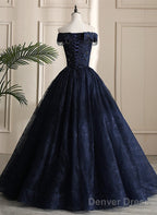 Navy Blue Sweetheart With Lace Applique Sweet 16 Dress, Blue Long Formal Dress