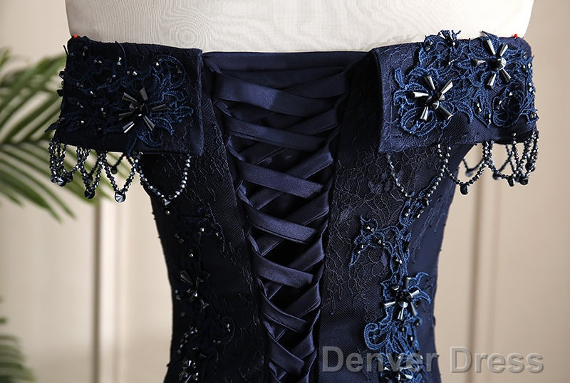 Navy Blue Sweetheart With Lace Applique Sweet 16 Dress, Blue Long Formal Dress