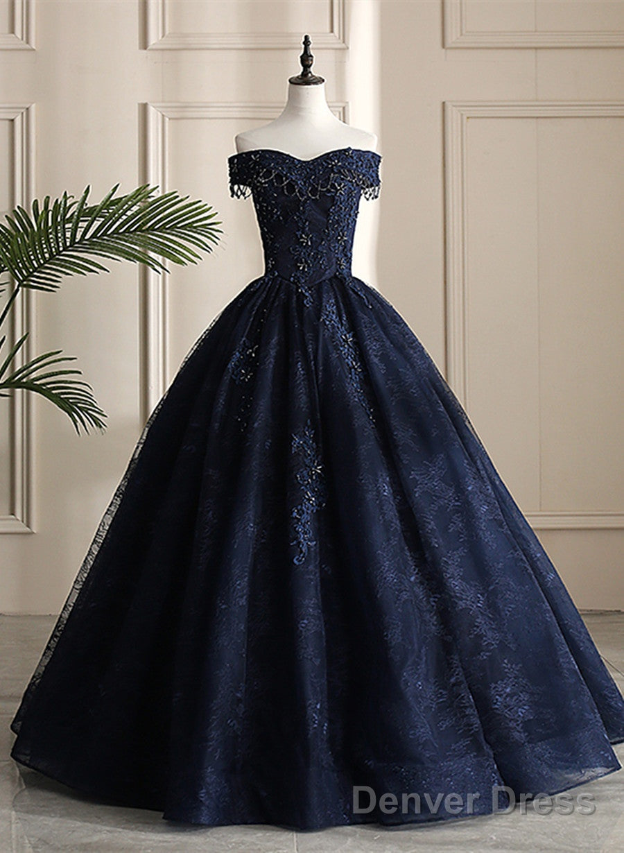 Navy Blue Sweetheart With Lace Applique Sweet 16 Dress, Blue Long Formal Dress Main image