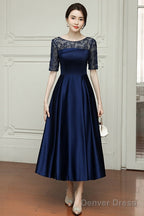 Navy Blue Tea Length Satin Short Sleeves Party Dress, Blue Wedding Party Dresses
