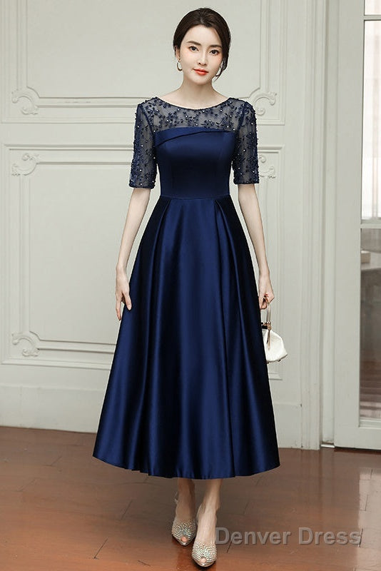 Navy Blue Tea Length Satin Short Sleeves Party Dress, Blue Wedding Party Dresses
