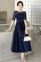 Navy Blue Tea Length Satin Short Sleeves Prom Dress, Blue Wedding Prom Dresses