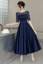 Navy Blue Tea Length Satin Short Sleeves Prom Dress, Blue Wedding Prom Dresses