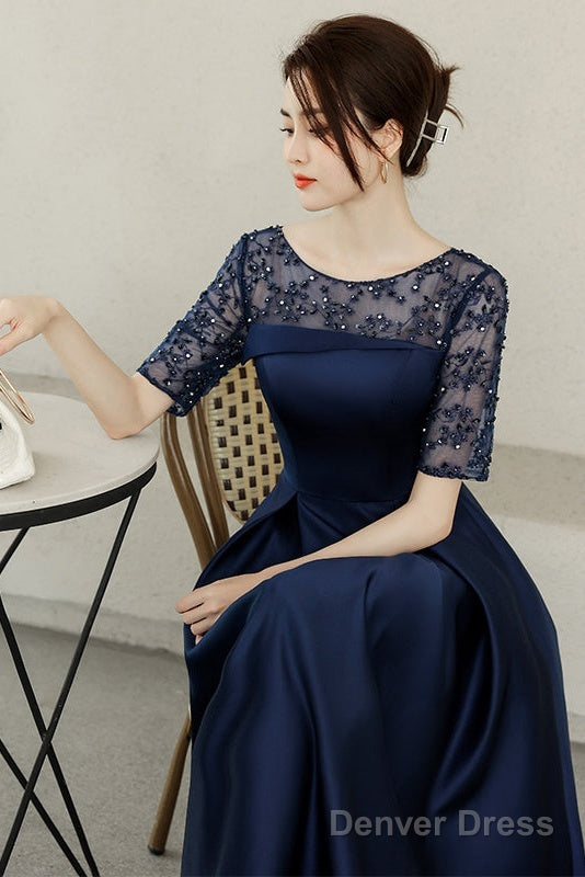 Navy Blue Tea Length Satin Short Sleeves Prom Dress, Blue Wedding Prom Dresses