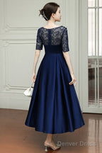 Navy Blue Tea Length Satin Short Sleeves Prom Dress, Blue Wedding Prom Dresses