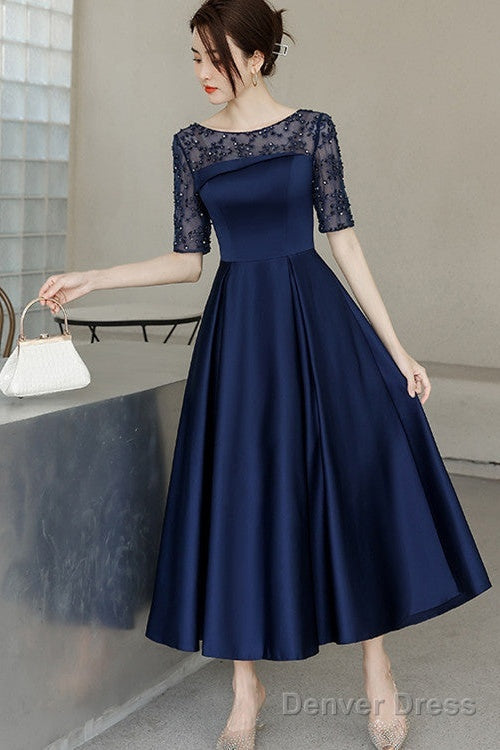Navy Blue Tea Length Satin Short Sleeves Prom Dress, Blue Wedding Prom Dresses Main image