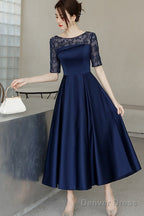 Navy Blue Tea Length Satin Short Sleeves Prom Dress, Blue Wedding Prom Dresses