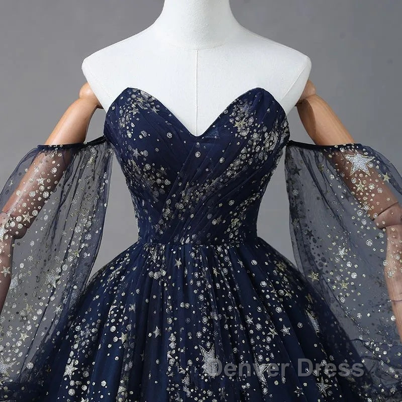 Navy Blue Tulle A-Line Long Party Dresses Evening Dresses, Navy Blue Long Prom Dresses Secondary image