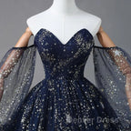 Navy Blue Tulle A-Line Long Party Dresses Evening Dresses, Navy Blue Long Prom Dresses