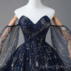 Navy Blue Tulle A-Line Long Party Dress Evening Dress, Navy Blue Long Prom Dress