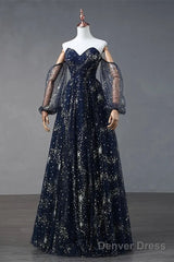 Navy Blue Tulle A-Line Long Party Dress Evening Dress, Navy Blue Long Prom Dress