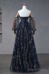 Navy Blue Tulle A-Line Long Party Dress Evening Dress, Navy Blue Long Prom Dress