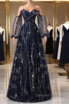 Navy Blue Tulle A-Line Long Party Dresses Evening Dresses, Navy Blue Long Prom Dresses