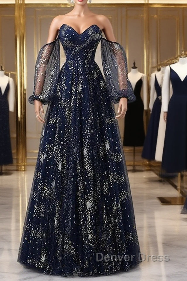 Navy Blue Tulle A-Line Long Party Dresses Evening Dresses, Navy Blue Long Prom Dresses