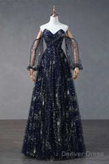 Navy Blue Tulle A-Line Long Party Dress Evening Dress, Navy Blue Long Prom Dress