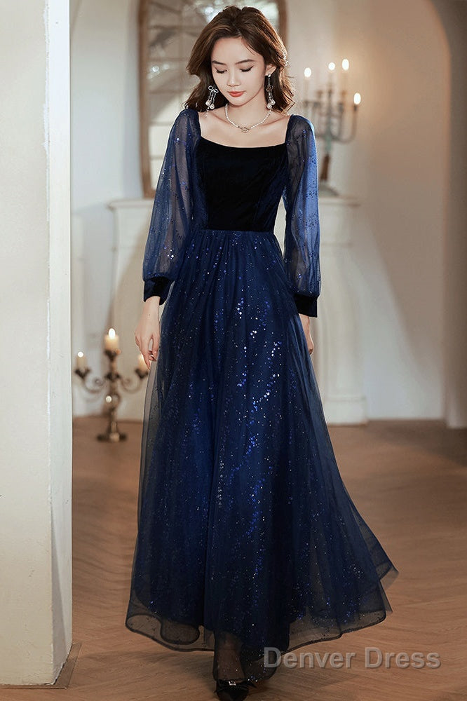 Navy Blue Tulle And Velvet Long Sleeves Party Dress, Simple A-Line Prom Dress