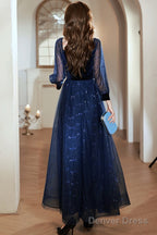 Navy Blue Tulle And Velvet Long Sleeves Party Dress, Simple A-Line Prom Dress