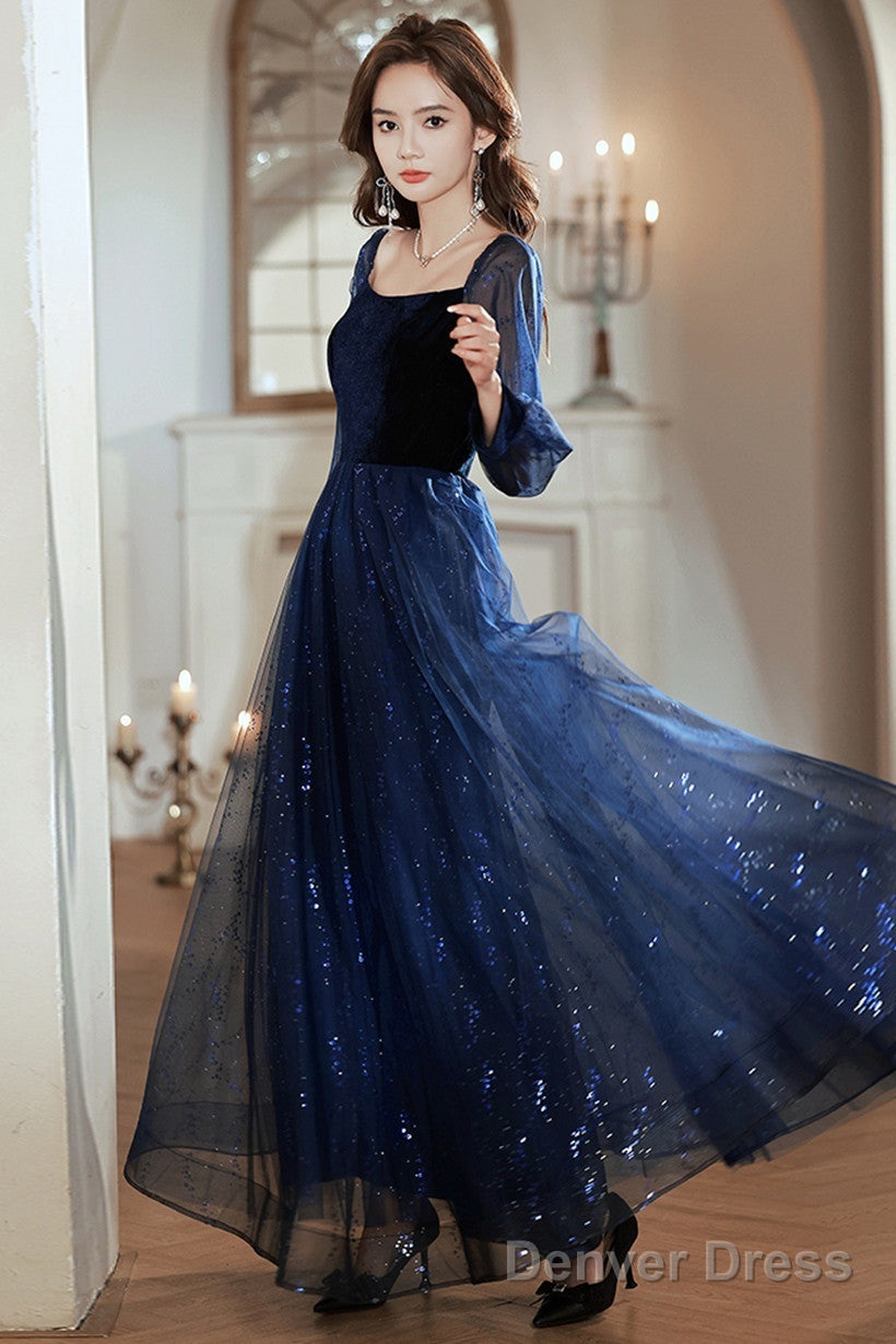 Navy Blue Tulle And Velvet Long Sleeves Party Dress, Simple A-Line Prom Dress