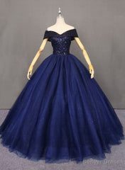 Navy Blue Tulle Beaded Ball Gown Sweet 16 Dress, Blue Tulle Prom Dress Party Dress