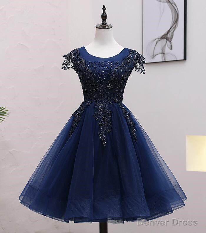Navy Blue Tulle Beaded Knee Length Cap Sleeves Prom Dress, Blue Homecoming Dresses Main image