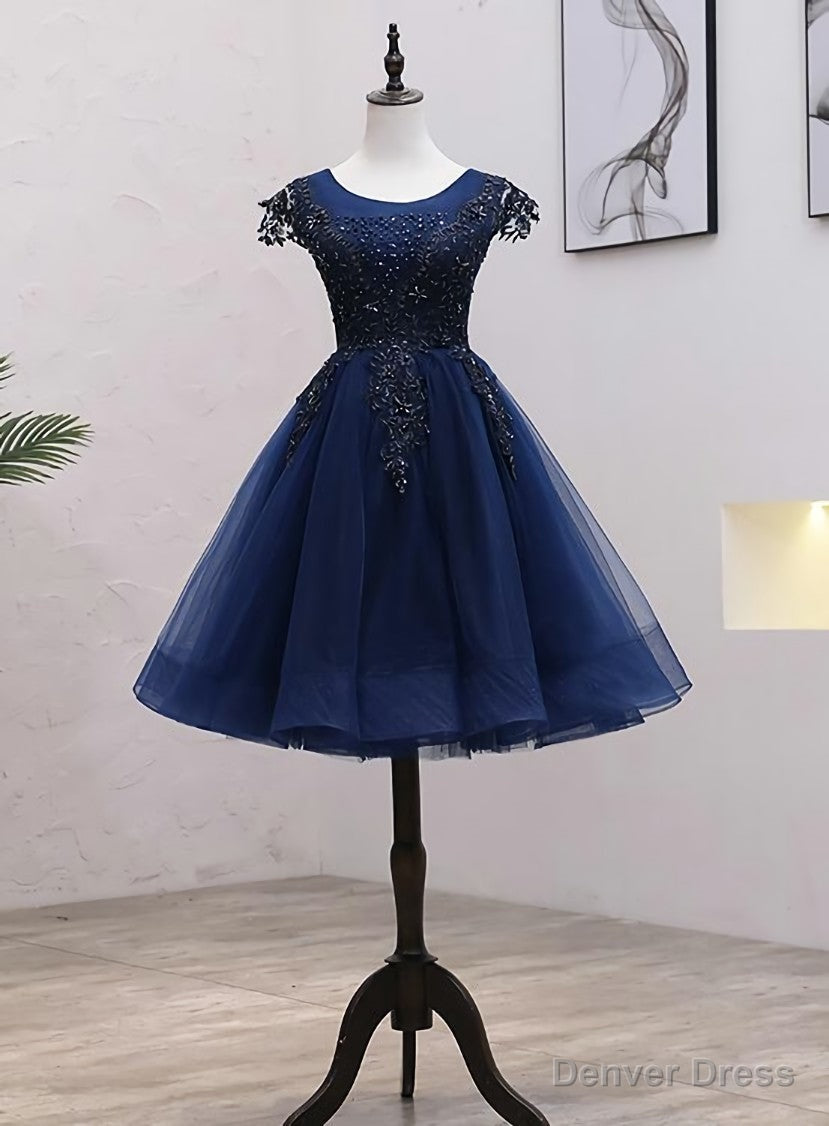 Navy Blue Tulle Beaded Knee Length Cap Sleeves Prom Dress, Blue Homecoming Dress Secondary image