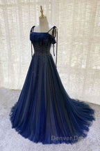 Navy Blue Tulle Beaded Long Prom Dresses Evening Dresses