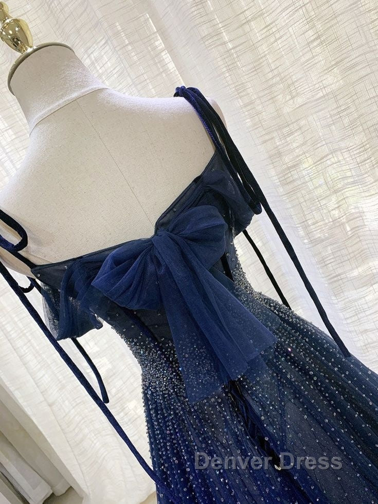 Navy Blue Tulle Beaded Long Prom Dresses Evening Dresses