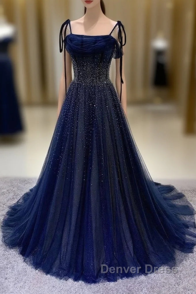 Navy Blue Tulle Beaded Long Prom Dresses Evening Dresses Main image