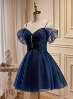 Navy Blue Tulle Beaded Short Prom Dress, Blue Tulle Off Shoulder Homecoming Dresses
