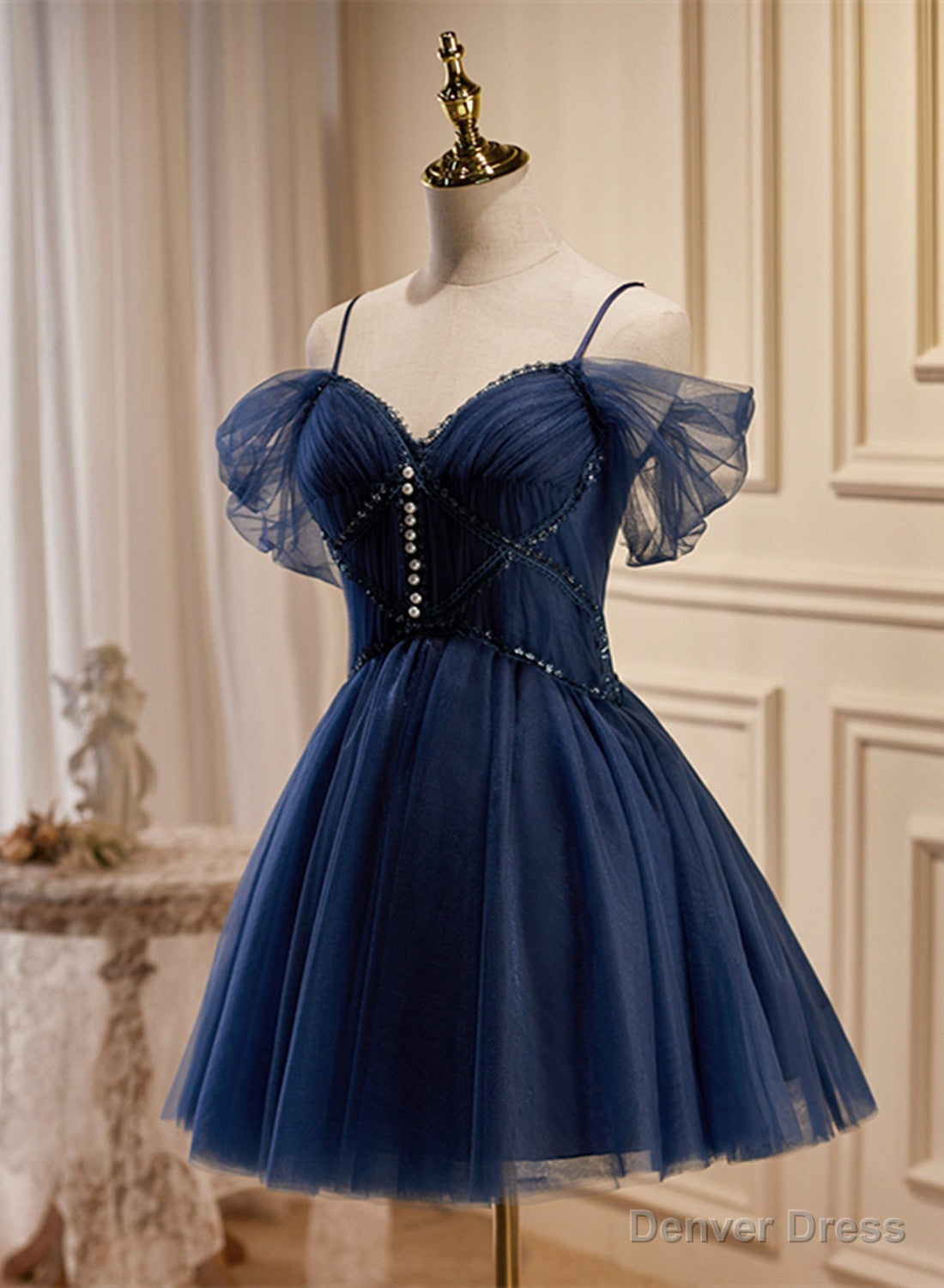 Navy Blue Tulle Beaded Short Prom Dress, Blue Tulle Off Shoulder Homecoming Dresses