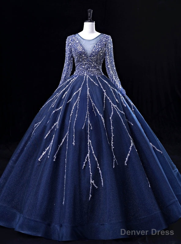 Navy Blue Tulle Beading Long Sleeve Quinceanera Dresses