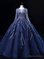 Navy Blue Tulle Beading Long Sleeve Quinceanera Dresses