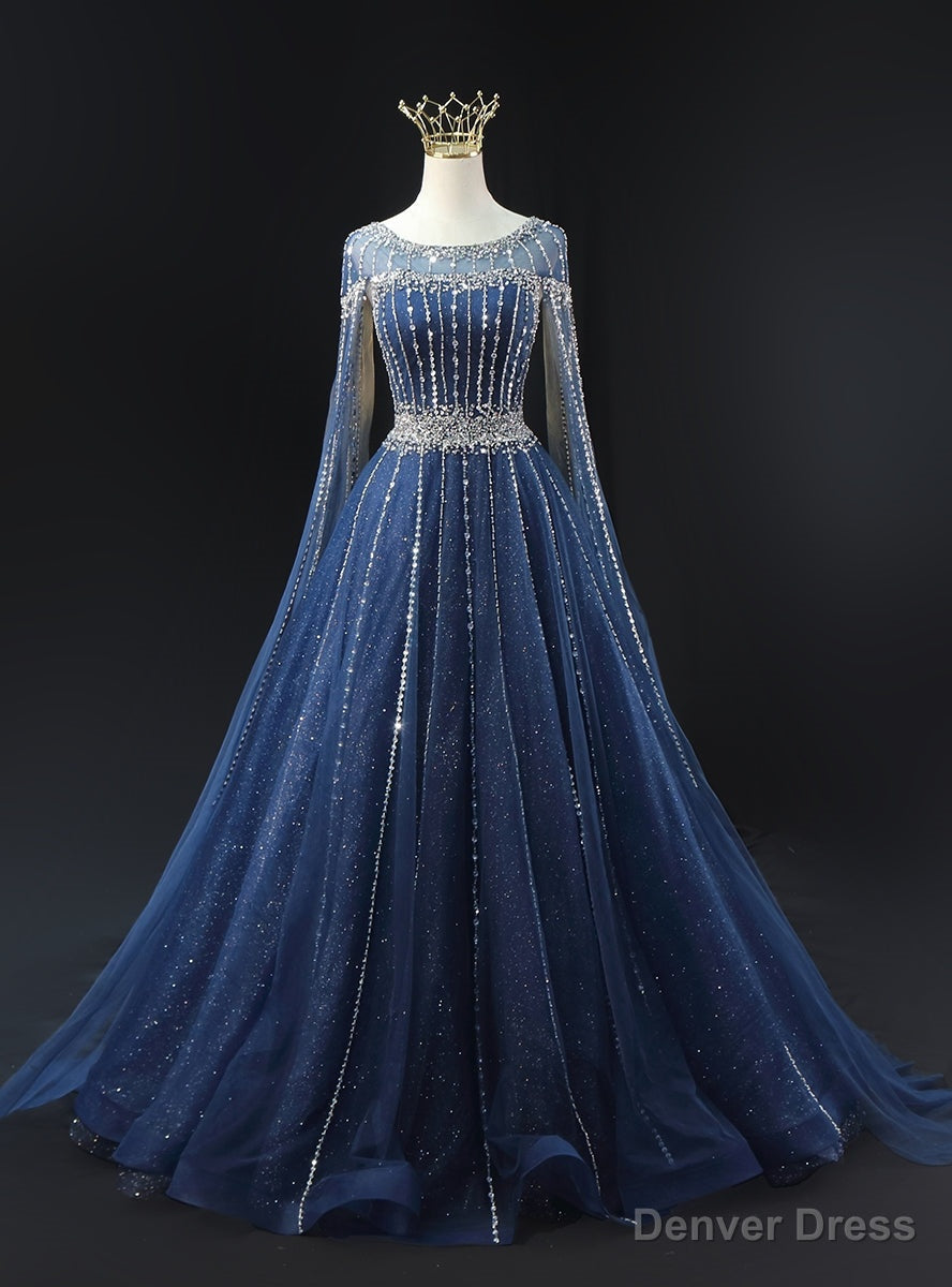Navy Blue Tulle Beading Sequins Prom Dresses
