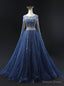 Navy Blue Tulle Beading Sequins Prom Dresses