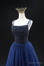 Navy Blue Tulle Beads Long A Line Prom Dress, Elegant Spaghetti Strap Backless Prom Dresses