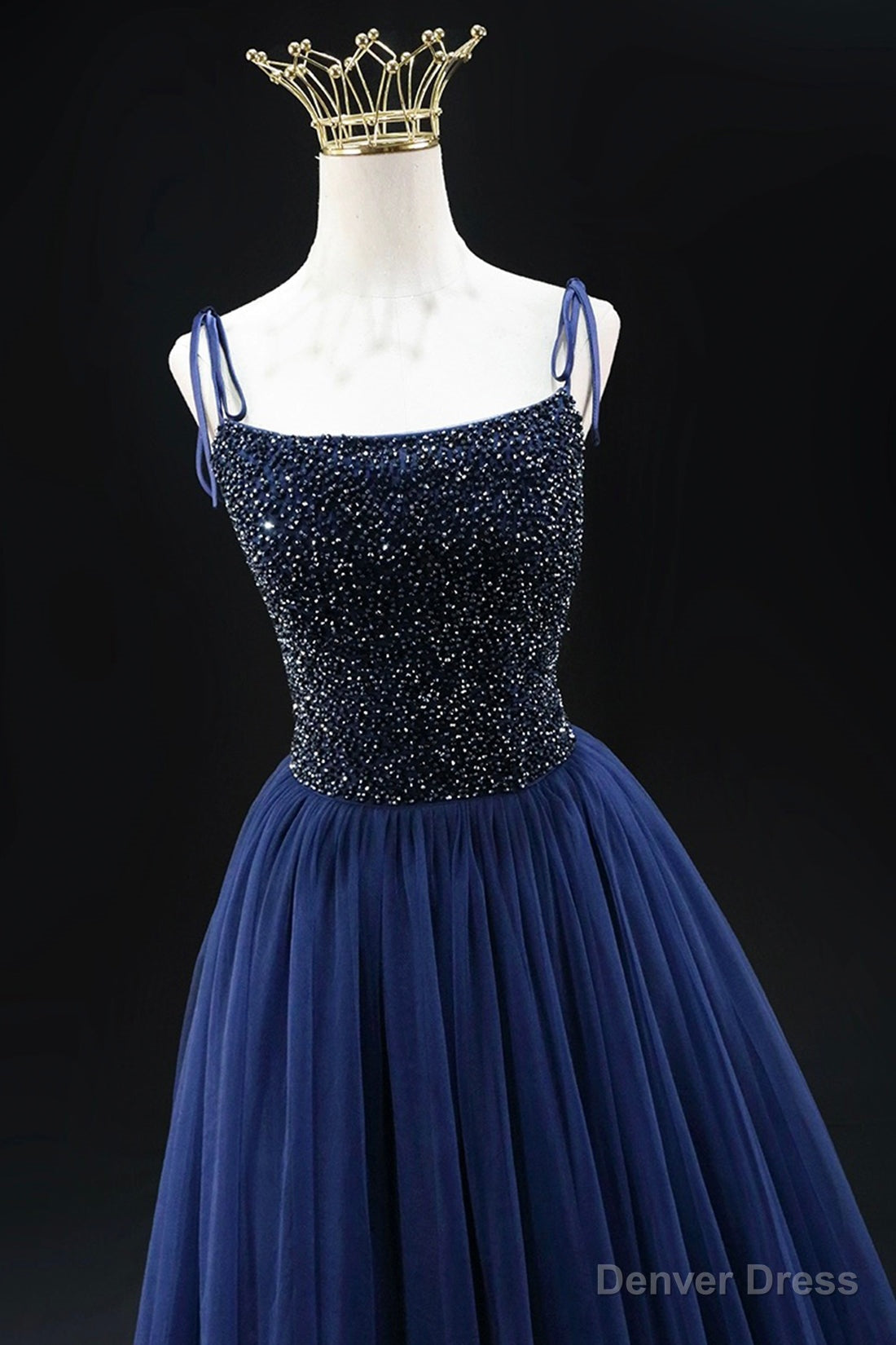Navy Blue Tulle Beads Long A Line Prom Dress, Elegant Spaghetti Strap Backless Prom Dresses