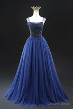 Navy Blue Tulle Beads Long A Line Prom Dress, Elegant Spaghetti Strap Backless Prom Dresses