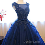 Navy Blue Tulle Cap Sleeves Quinceanera Dress, Blue Beaded Ball Gowns Prom Dresses