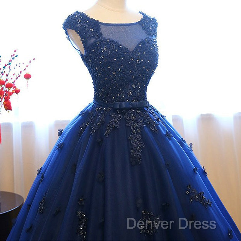 Navy Blue Tulle Cap Sleeves Quinceanera Dress, Blue Beaded Ball Gowns Prom Dresses