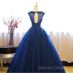 Navy Blue Tulle Cap Sleeves Quinceanera Dress, Blue Beaded Ball Gowns Prom Dresses