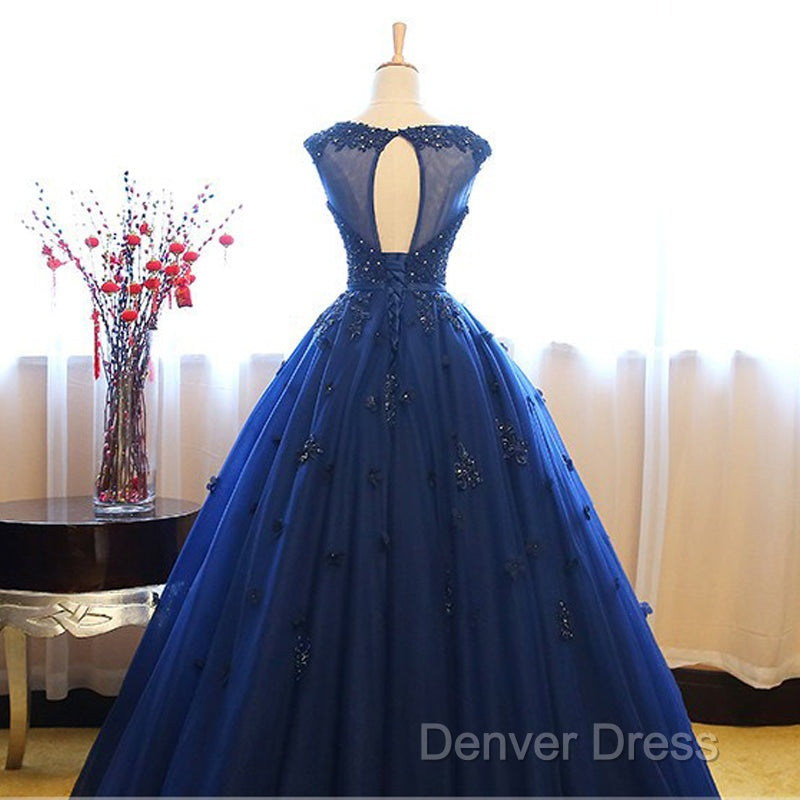 Navy Blue Tulle Cap Sleeves Quinceanera Dress, Blue Beaded Ball Gowns Prom Dresses