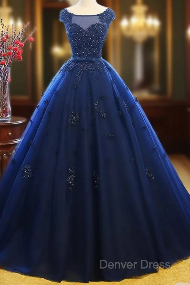 Navy Blue Tulle Cap Sleeves Quinceanera Dress, Blue Beaded Ball Gowns Prom Dresses