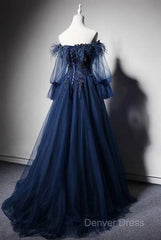 Navy Blue Tulle Lace Beading Off-Shoulder Formal Evening Dresses Prom Dresses