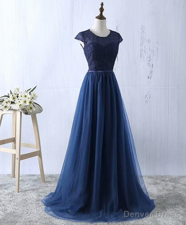 Navy Blue Tulle Long Bridesmaid Dress, Navy Blue Bridesmaid Dresses