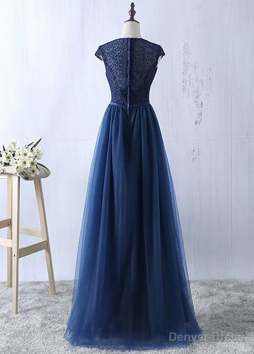 Navy Blue Tulle Long Bridesmaid Dress, Navy Blue Bridesmaid Dresses